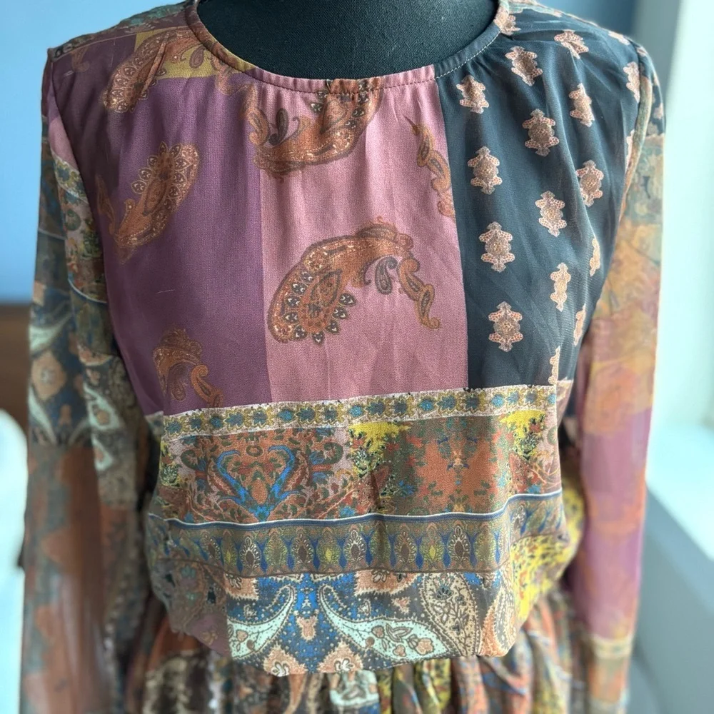 NWT Bluivy Multicolored Patchwork Paisley Long Sleeve Short Romper Smocked Waist - Picture 4 of 17